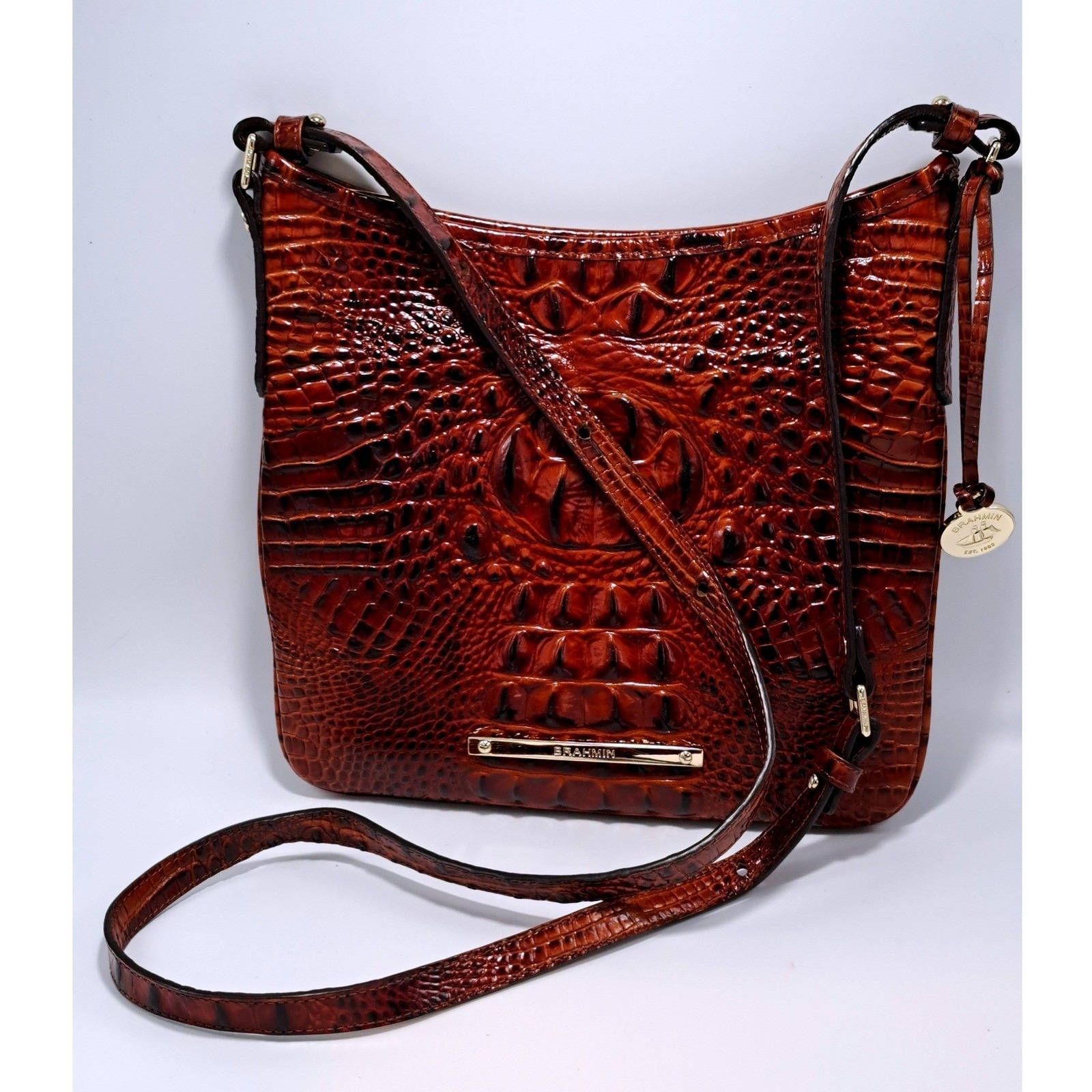 Brahmin Katie Pecan Melbourne Croc Embossed Leather Crossbody Bag Brown